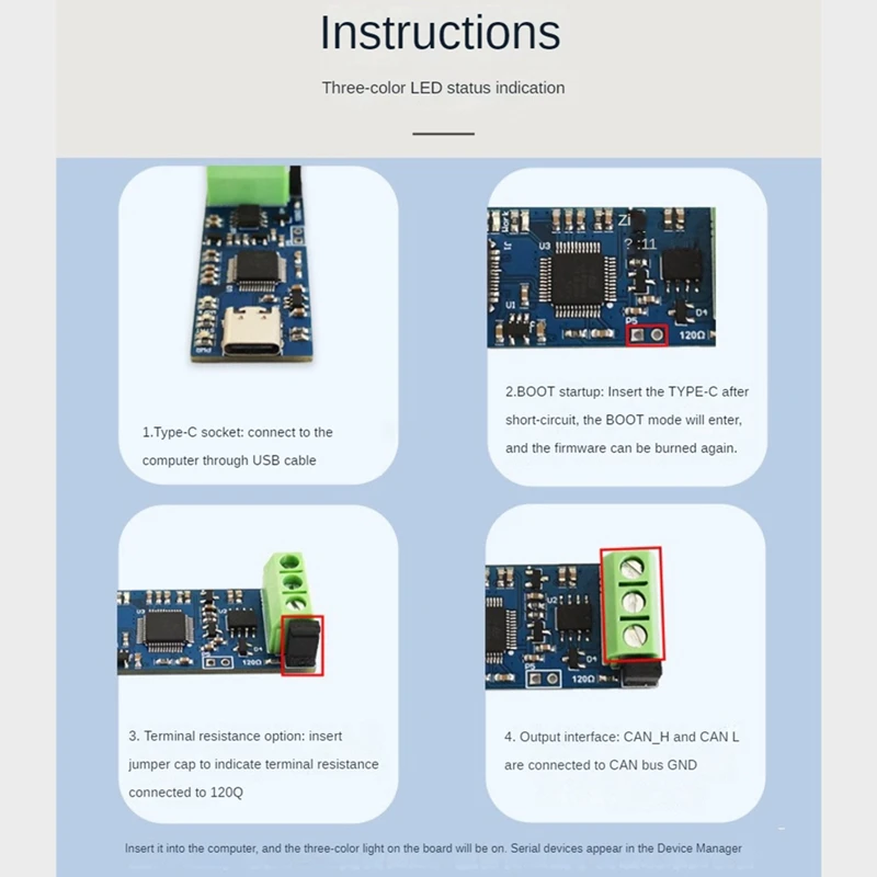CANABLE C타입 USB to CAN 컨버터 모듈, 효율적인 CAN-FD 분석용 CAN 버스 분석기, 5V, V2.0