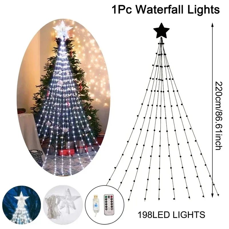 thumbnail image 1 of Guirnalda de luces navideñas en forma de cascada con estrella decorativa, adornos para árboles de Navidad para el hogar 2024, Navidad Natal, Año Nuevo 2025, 1 of 5