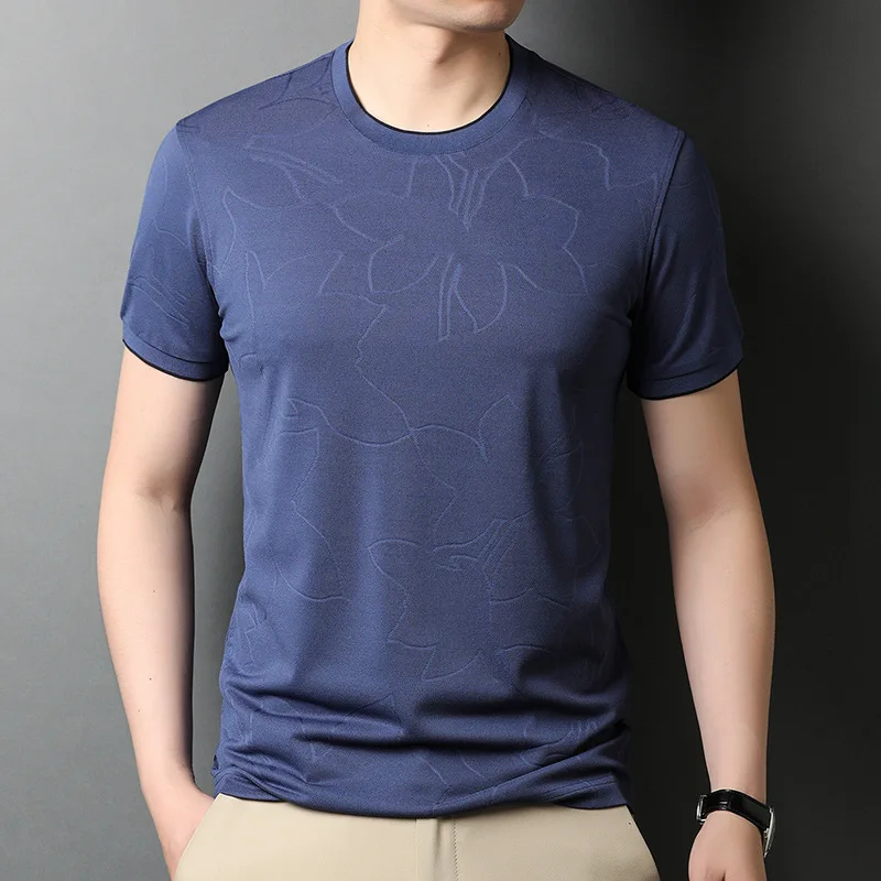 

Футболка мужская жаккардовая с коротким рукавом, роскошная тонкая Модная рубашка из шелка тутового шелкопряда, с круглым вырезом, в повседневном стиле, лето 2022