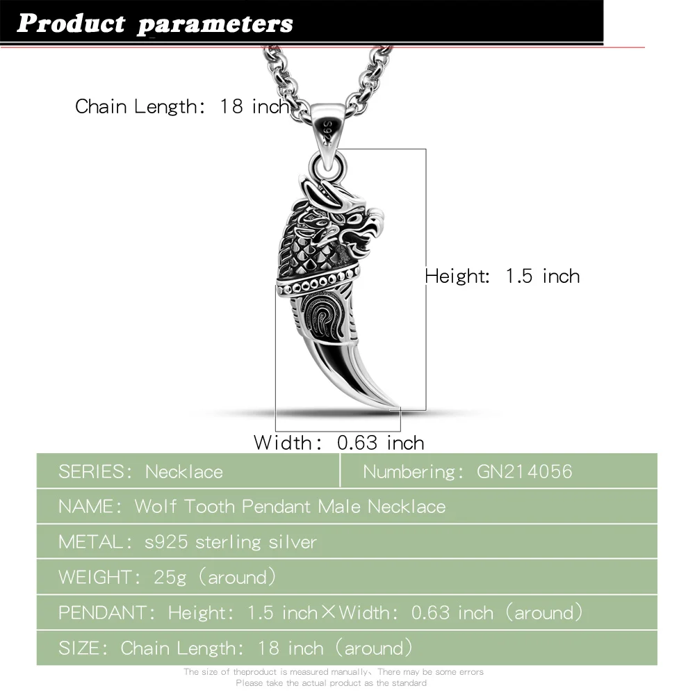 Vintage Available Link Chain 925 Sterling Silver Eagle Claw Necklace ​Hot Selling Men's Domineering Opening Wolf Tooth Jewelry