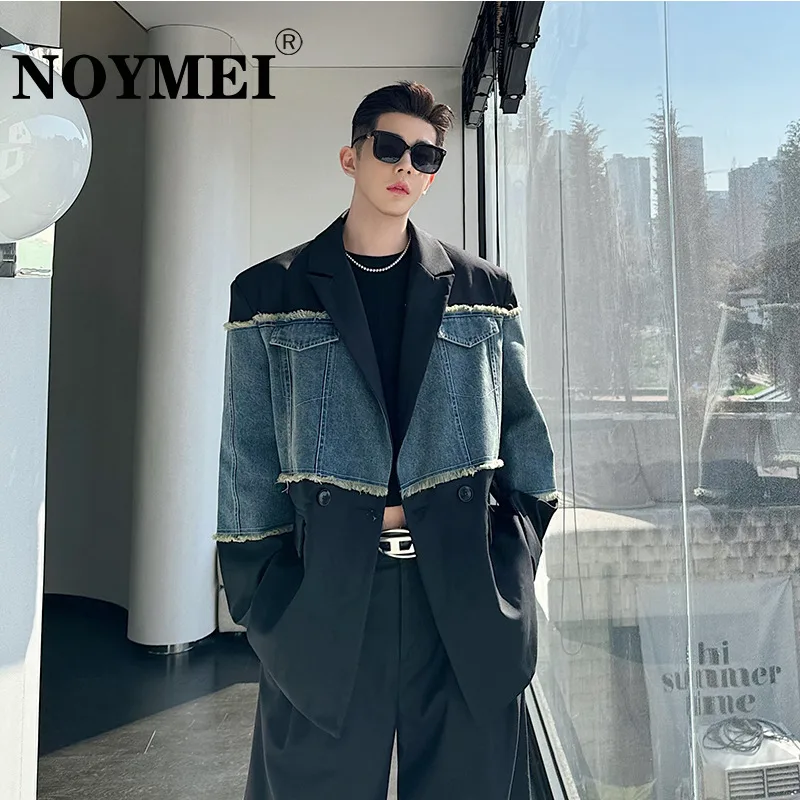 

NOYMEI 2024 Spring New Silhouette Contrast Color Washed Denim Tassels Patchwork Suit Jacket All-match Men's Blazer WA4091