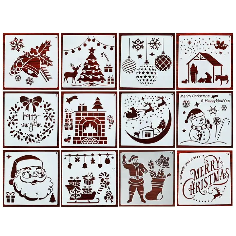 ONEBO Pakket van 8 Kerst Plastic Schilderij Stencils, Kerst Thema Stencil, Kerstman Schilderen Sjabloon voor dagboeksjablonen, muurkunst, kerstcadeaukaart DIY-projecten