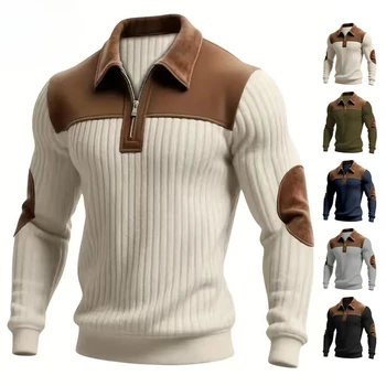 Polo a maniche lunghe da uomo in velluto a coste a righe con abbinamento di colori, nuova collezione Primavera Autunno 2026