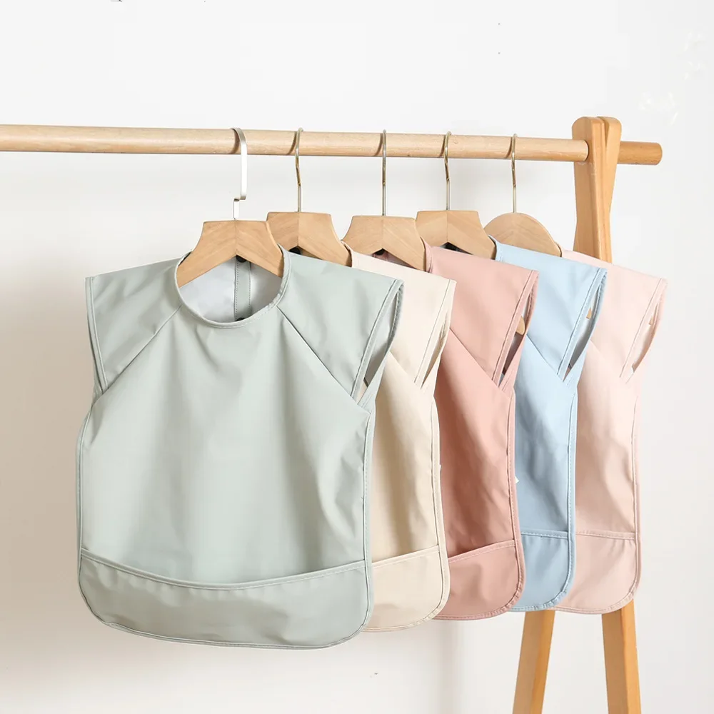 Denmark Children Sleeveless PU Reverse Clothing Baby Eating Clothes Ultra Soft Waterproof Solid Color Meal Pocket Dirt Proof Fee