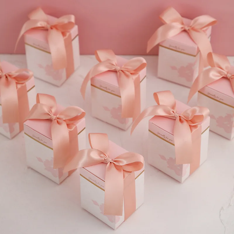

Gift Box with Ribbon Candy Packaging Paper Boxes Pink for Gifts Baby Shower Party Favors Wedding Guest Thank You Gift 6.5x6.5x9