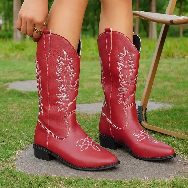 Women Fashion Slip on Knight Boots Ladies Autumn Winter Thick Sole Knight Boots Pointed Toe Square Heel Embroidered Cowboy Boots