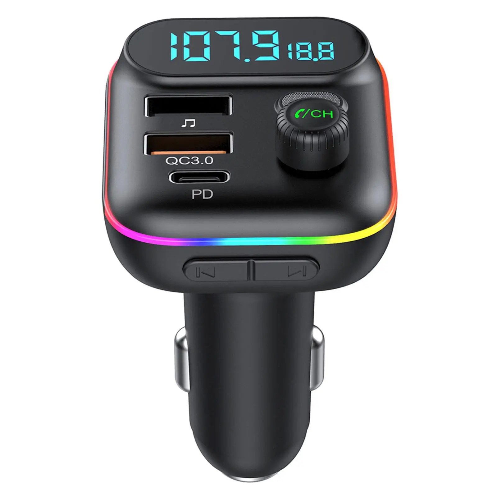 FM Transmitter Car Fast Charge Bluetooth 5.0 FM Transmitter PD Dual Player Music Type-C Colorful Ambient MP3 Light Cigarette Lighter USB