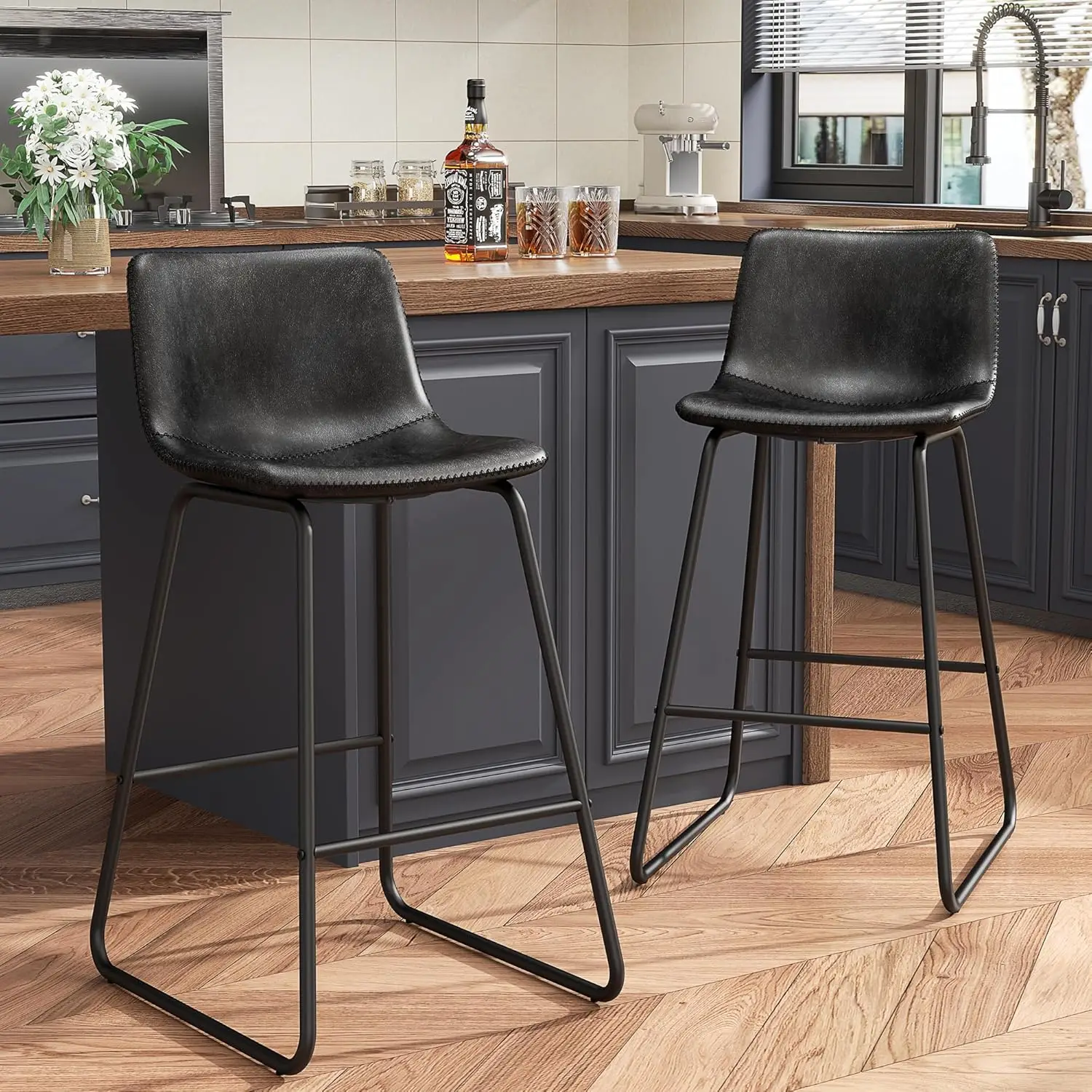 Bar Stools Set of 3, Faux Leather Counter Height Stools,26" Modern Barstools with Metal Legs and Footrest, Urban Armless Counter