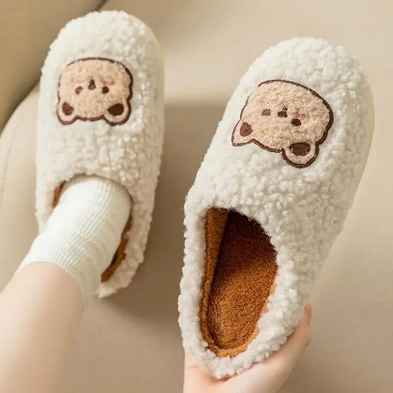 New Women Home Slippers Men Furry Indoor Bedroom Flats Warm Plush Couples Cute Cartoon Bear Winter Floor Slides Non-slip Shoes 4