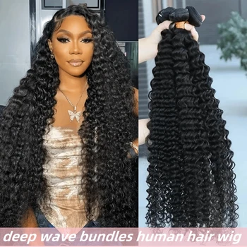 15A Human Hair Bundles 28 30 32 Inch Deep Wave Bundles Human Hair Unprocessed Brazilian Virgin Deep Curly Weave 4 Bundle 1