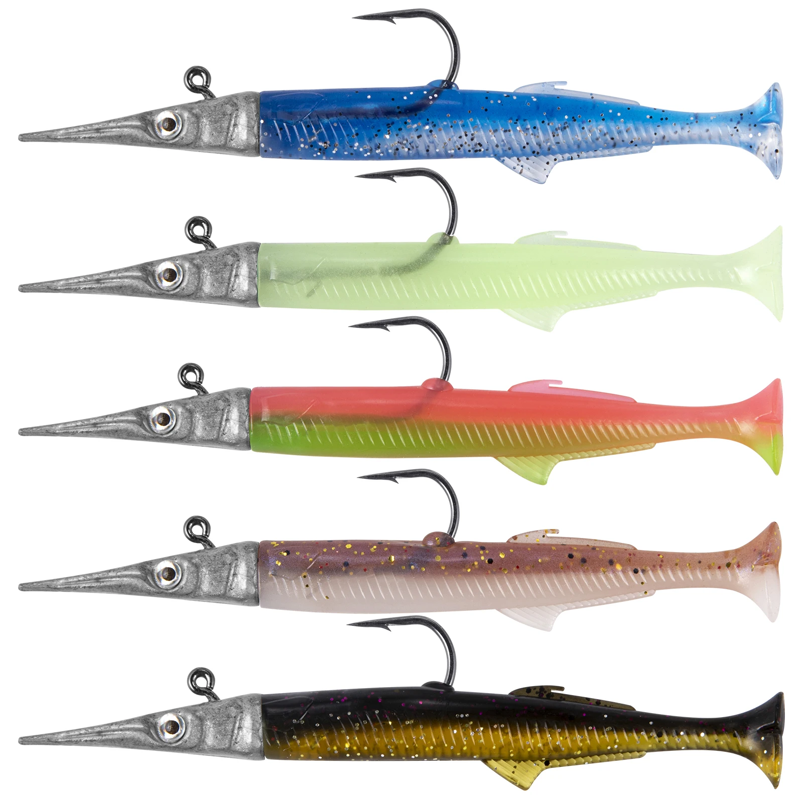 5pcs Sandeel Soft Plastic Fishing Lures with Paddle Tail Jig Heads 11.5cm/14g Swimbait for Bass Trout Pike Saltwater