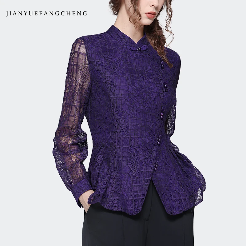 

2023 Autumn Women Long Sleeve Embroidered Purple Lace Shirt Elegant Vintage Turtleneck Slim Casual Working Blouses Ladies Tops