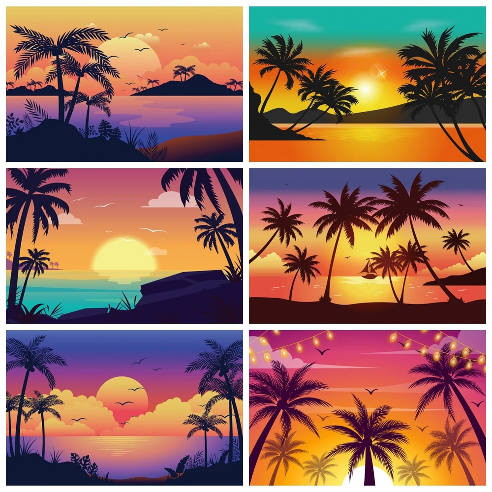 

Sunset Summer Party Backdrop Tropical Seaside Coconut Aloha Children Adult Portrait Photo Background Photozone Photography Props