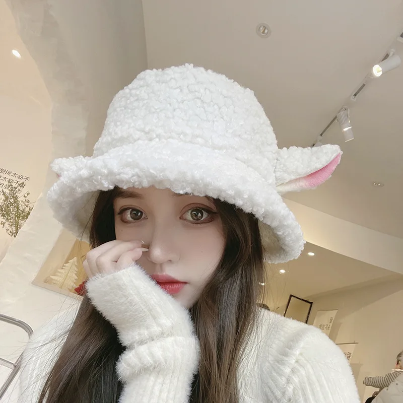 Cute Sheep Ear Bucket Hat Women Winter Warm Plush Panama for Women Warm Faux Fur Soft Female Fisherman Hats