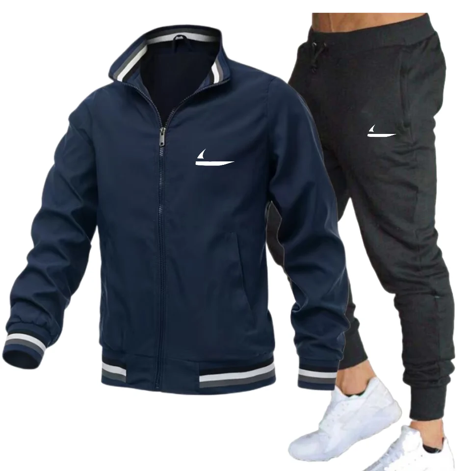 Men Tracksuit Printed Zipper Jacket and Sweatpants 2 Pieces Set Brand High Quality Spring Autumn Stand Collar Male Sportswear