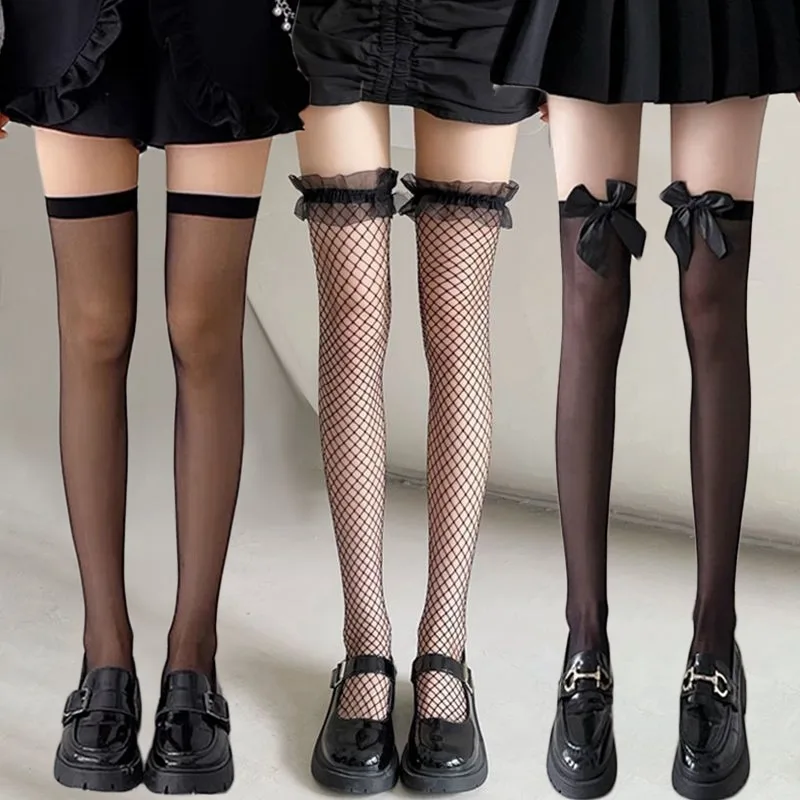 

Black White Sexy Overknee Long Socks Women Girls JK Lolita Fishnet Stockings Lovely Bowknot Thigh High Socks Lace Mesh Legging