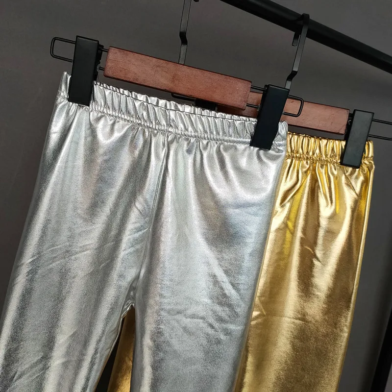 الذهب والفضة الاطفال السراويل الفتيات ربيع الخريف الأطفال مطاطا فو الجلود طماق نحيل سروال شكل قلم رصاص فتاة طماق