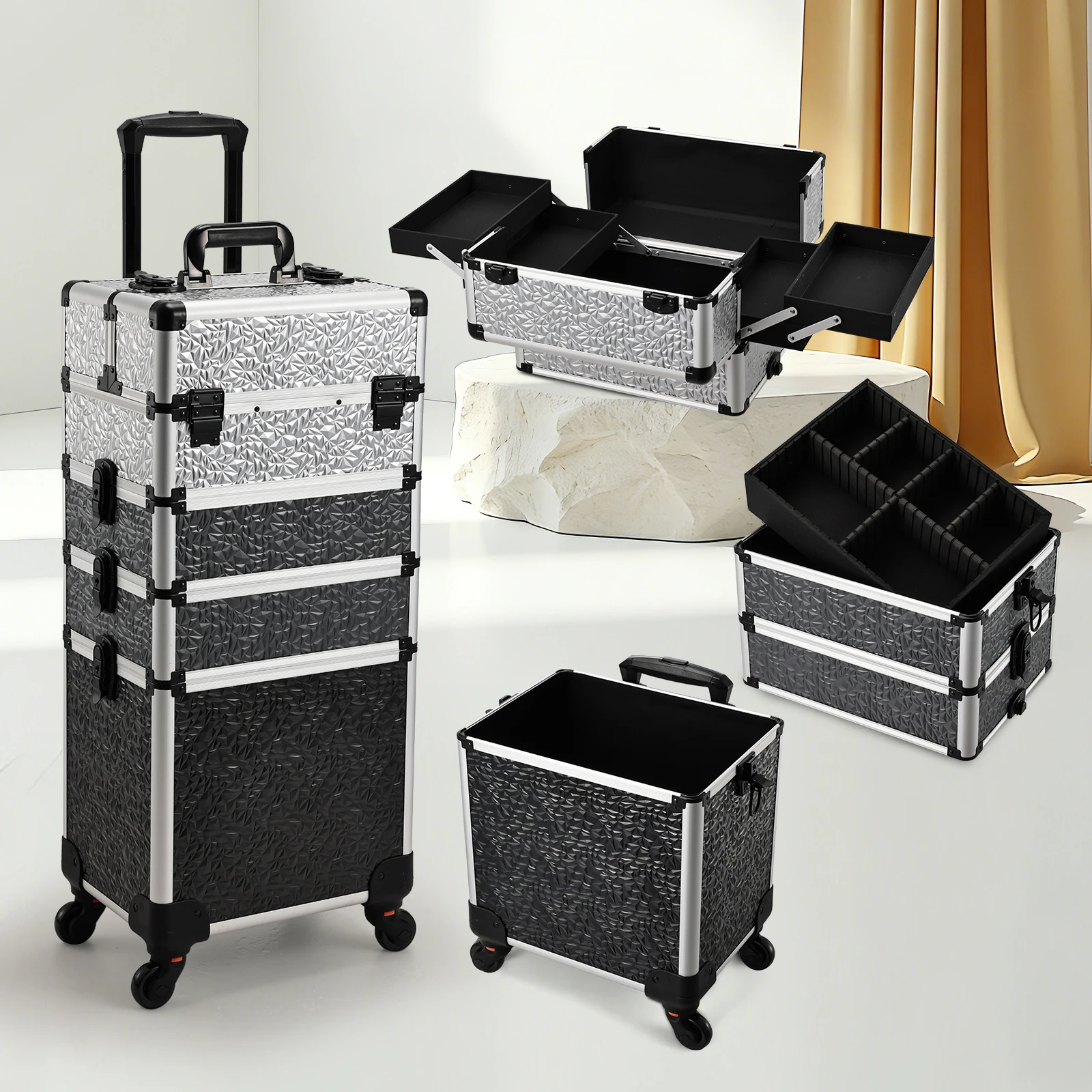 Trolley de Maquillage Professionnel Grand Format 4-en-1 sur Roues avec Clés, Valise de Voyage pour Cosmétiques et Ongles