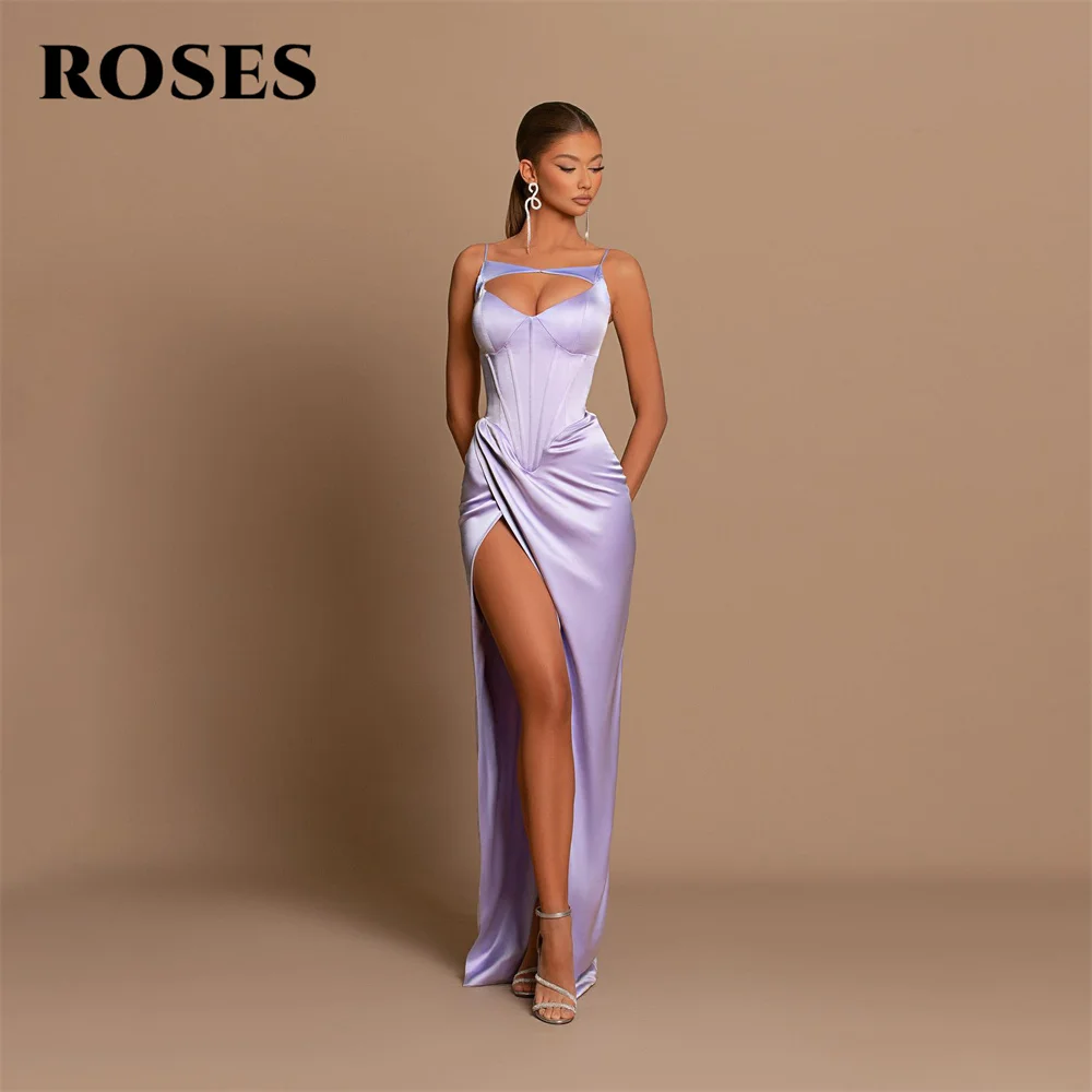 

ROSES Purple Mermaid Prom Dress Side Split Party Dress Spaghetti Strap Celebrity Gown Stain Wedding Party Dress вечерние платья