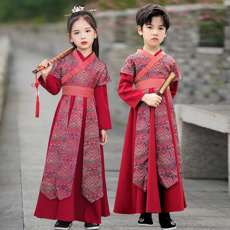 

Ancient Chinese Dress Hanfu Kids Traditional Embroidery Dresses Boy and Girl Martial Arts Cosplay Costume Kimono Student Uniform