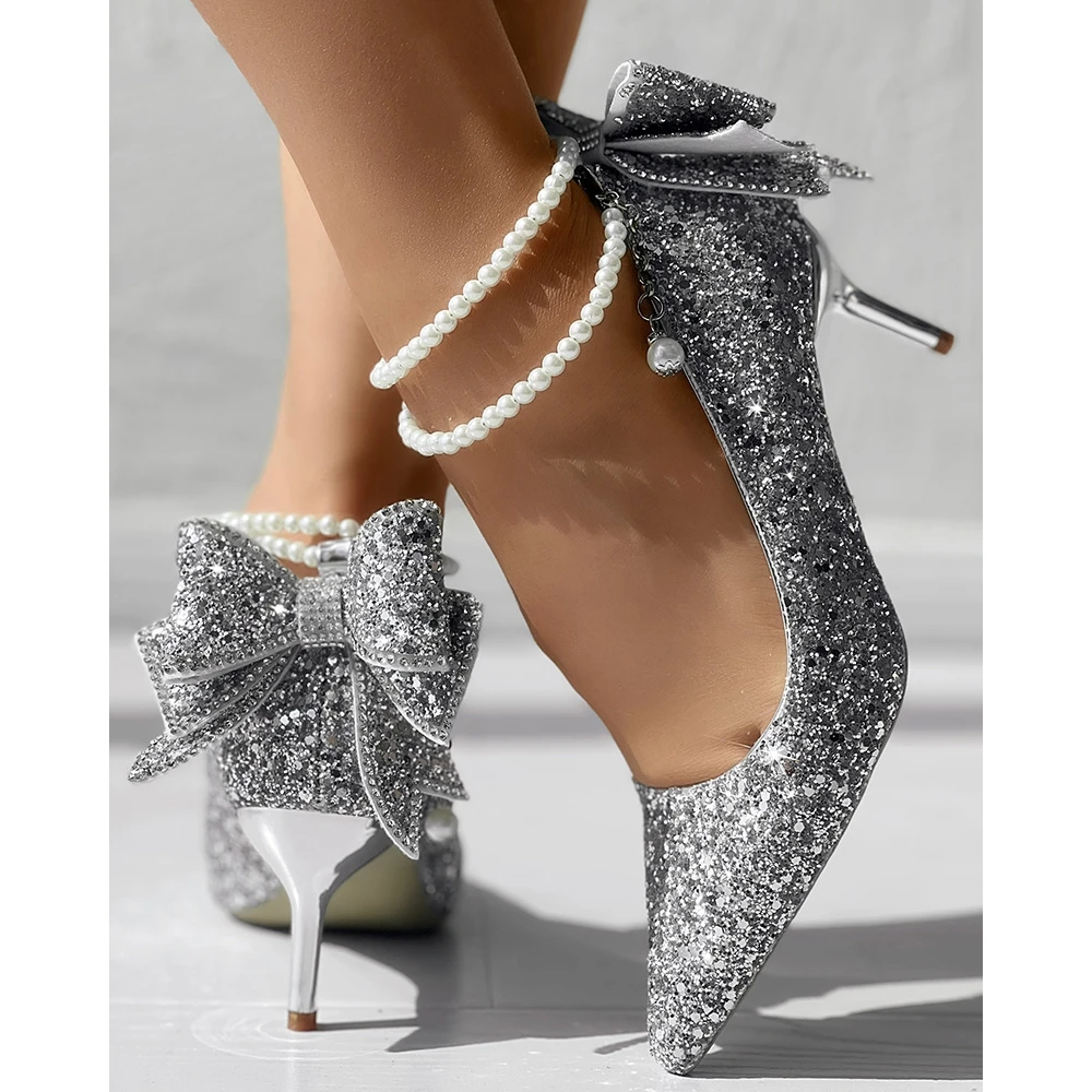 Women Sequin Bling Pointed Toe Beaded Bowknot Decor Pumps Autumn Daily Casual Thin Heel Shoes 2024 Korean Style Spring Autumn