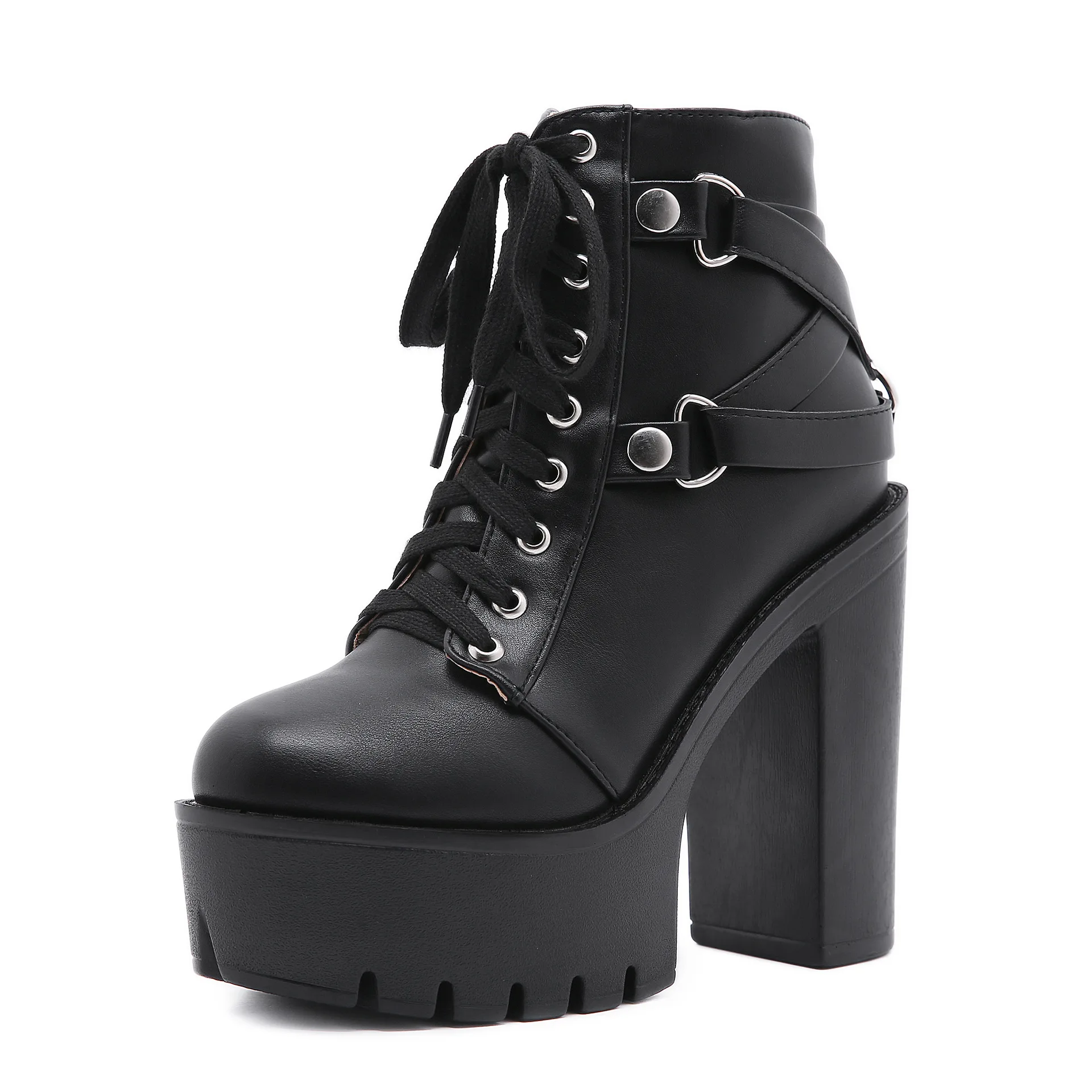 Fashion Black Boots Women Heel Spring Autumn Lace-up Soft Leather Platform Shoes Woman Party Ankle Boots High Heels Punk