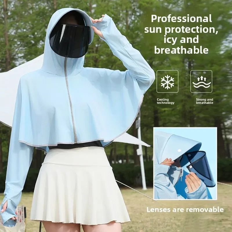 Ice Silk Sun Protection Clothes For Women Cape Style Spring And Summer UV Resistant Hooded Breathable 4