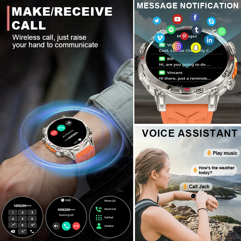 LIGE GPS Smart Watch Professional Sports Men AMOLED Full-Touch Screen 650mAh Battery 3ATM Waterproof Heart Rate Call Smartwatch