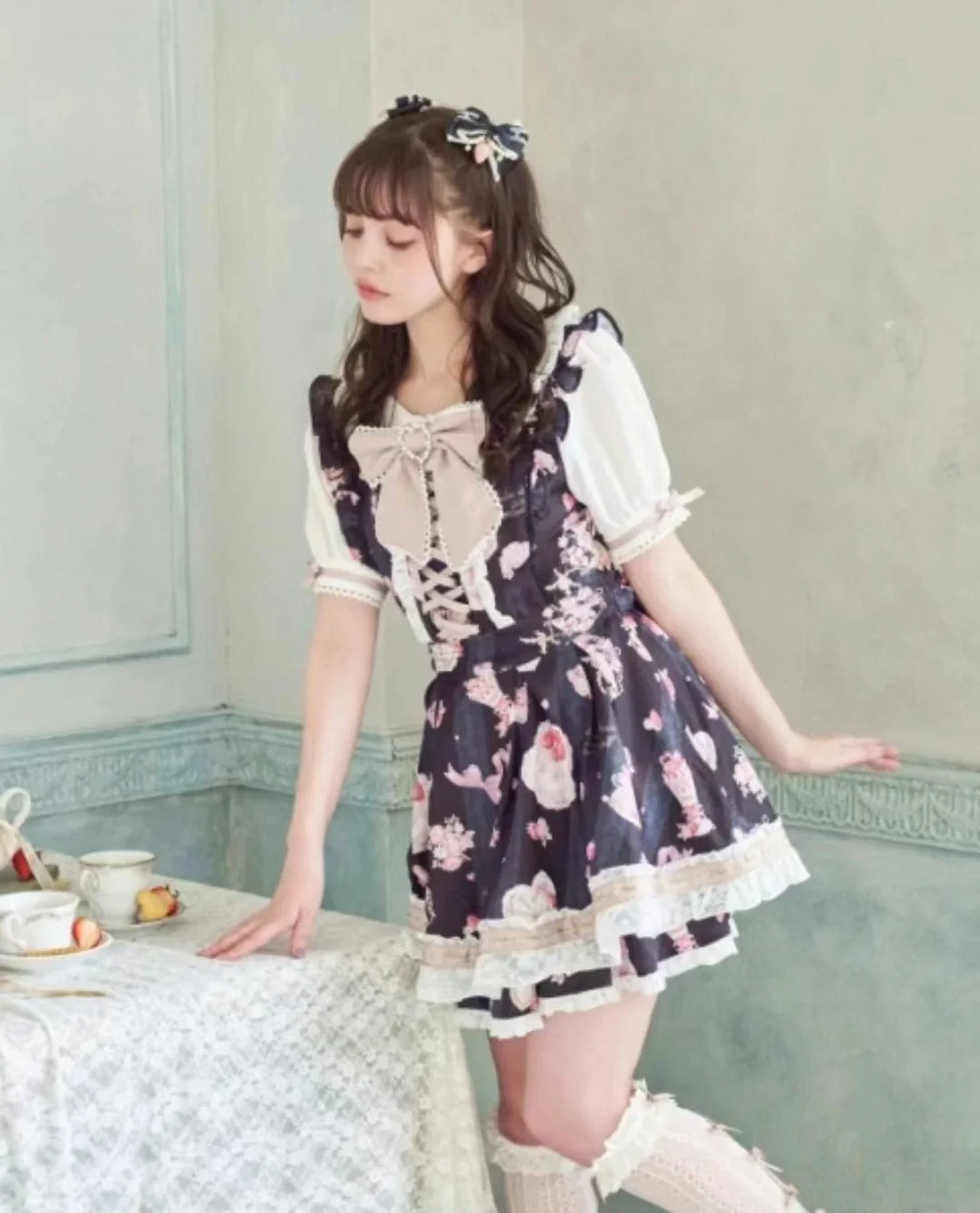 Japanese Style 2024 Spring Summer Cute Sweet Girl Printed Short-Sleeved Top Skirts Lolita Fashion Graceful Cute Two-Piece Set