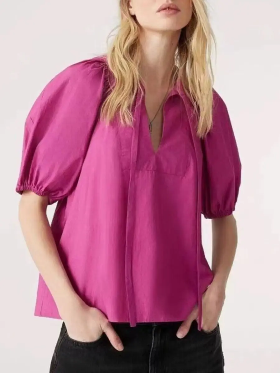 

Women Blouse Lace Up O-Neck Puff Sleeve Solid Color Casual 2023 Autumn Cotton Shirt