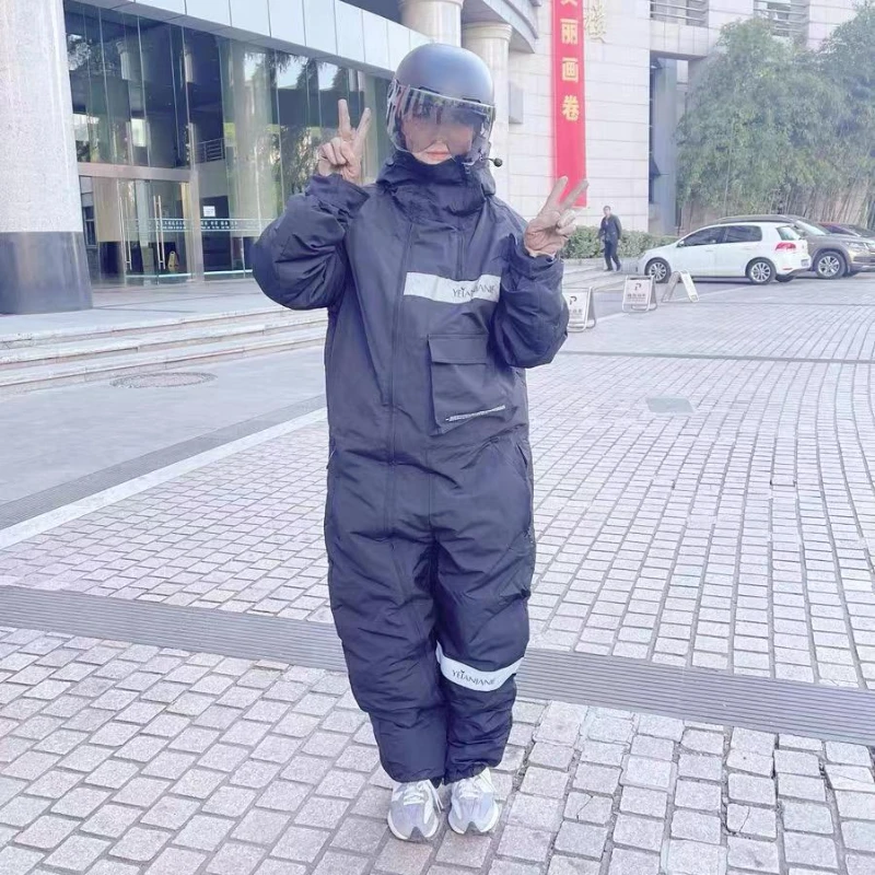 Adults Winter Electric Car Motorcycle One-piece Suit Warm Plush Riding Split Leg Cycling Suit Knight Racing  Moto Riding Clothes