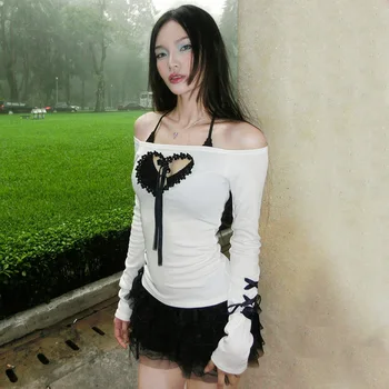 Women Summer Lace Hollow Out Long Sleeve T-Shirts Sexy Slim Heart-Shaped Print Tops Tees New Off-Shoulder Slash Neck Crops Tops