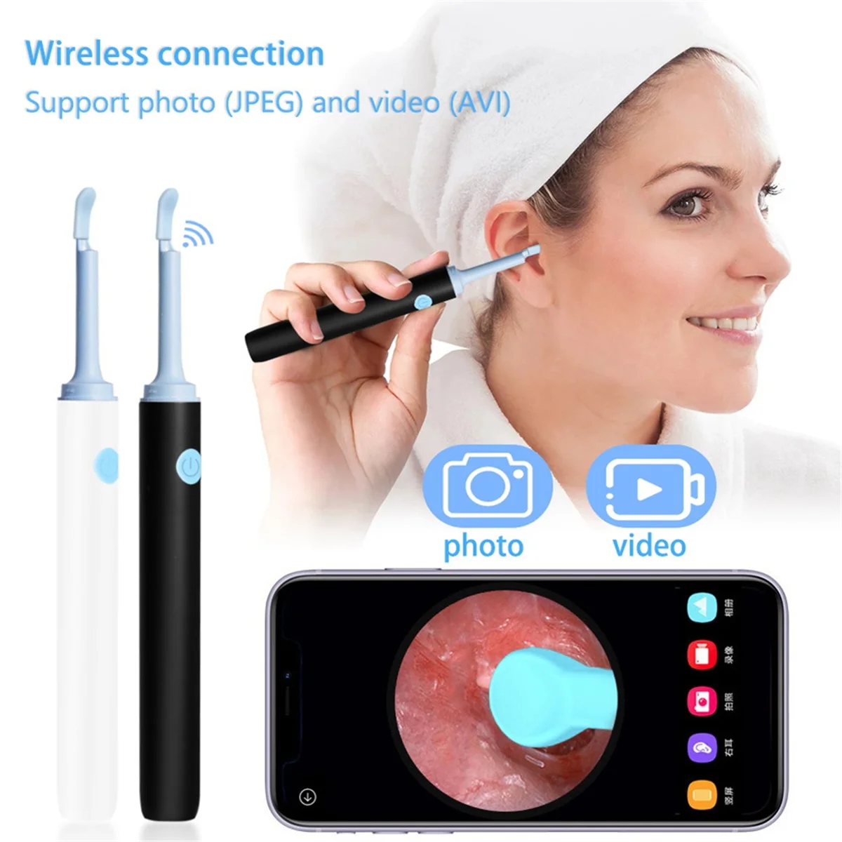 ABUYWireless Visible Ear Cleaner 귀지 제거 도구(카메라 포함) 6피스 LED 조명 검이경 스마트 귀 따기 완드 키트 A