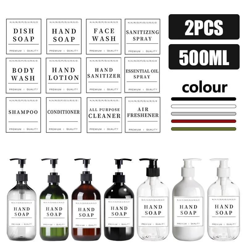 2 Pcs 16.9 oz Bathroom Hand Soap Bottle Kitchen Soap Dispenser Dish Bottles Refillable Liquid Container with 12 Labels
