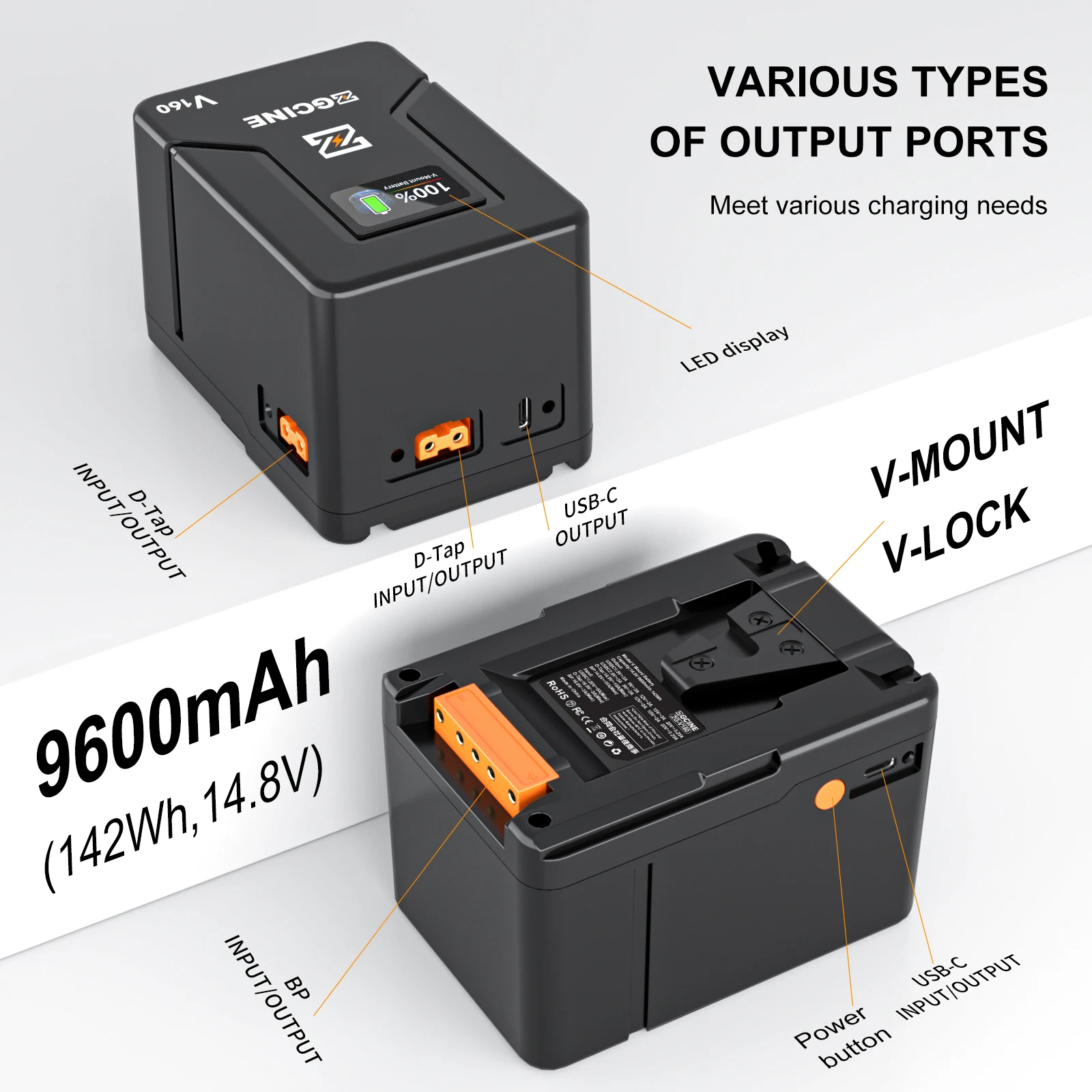 ZGCINE ZG-V160 V Mount Battery 9600mAh Power Bank 14.8V V Lock V Shape Li-ion Battery PD Fast Charging For camera DSLR