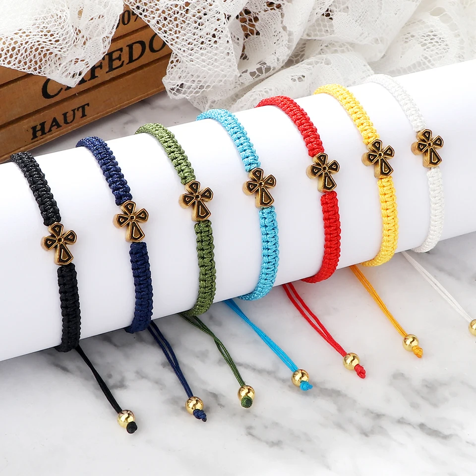 Adjustable Braided Rope Bracelet With Sideways Cross Charm - Gold/Silver Stainless Steel Faith Jewelry For Men & Women - View #4