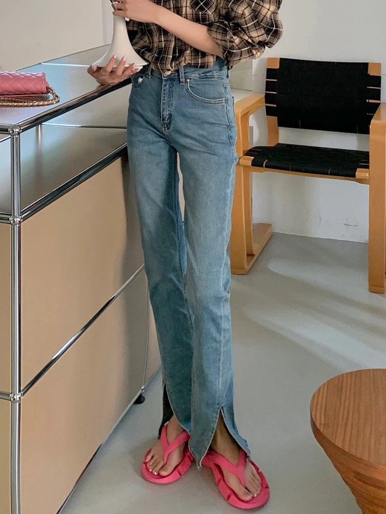 Vintage Fashoin Chic Double Buckle Front Split Trousers Female High Waist Strentch Jeans Women Flare Pants Wash Blue Denim Pants