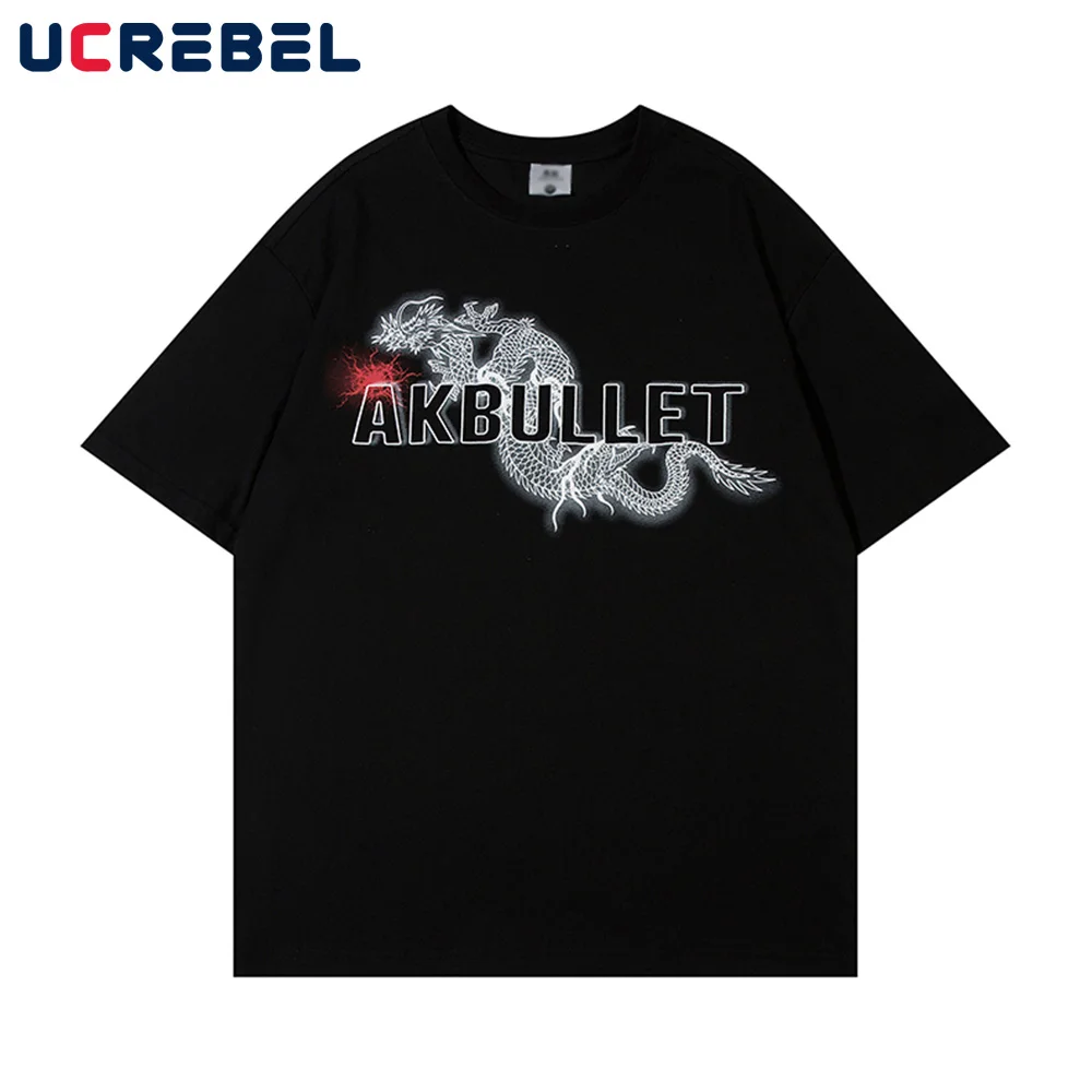 

Футболка мужская с коротким рукавом и круглым вырезом, уличная одежда с принтом дракона, хлопковая рубашка с рукавом до локтя, лето