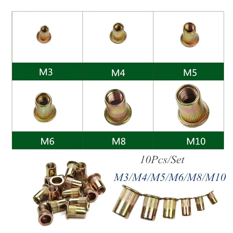 10/20Pcs M3 M4 M5 M6 M8 M10 Zinc Plated Knurled Nuts Rivnut Flat Head Threaded Rivet Insert Nutsert Cap Rivet Nuts rivet nuts set