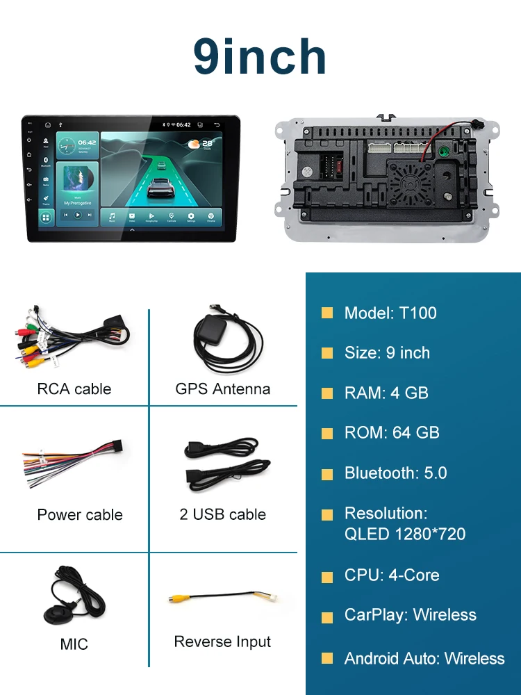 thumbnail image 1 of Radio para coche con Android 13 T100 de 1280 x 720 de 9/10 pulgadas y reproductor multimedia universal con navegación de vídeo para Lada, Hyundai, Suzuki y Ford, 1 of 5