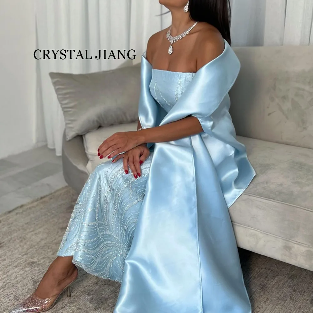 

Elegant Long Blue Strappless Satin Evening Dresses Full Sleeves with Cape Mermaid Tea Length فساتين سهره سعوديه for Women