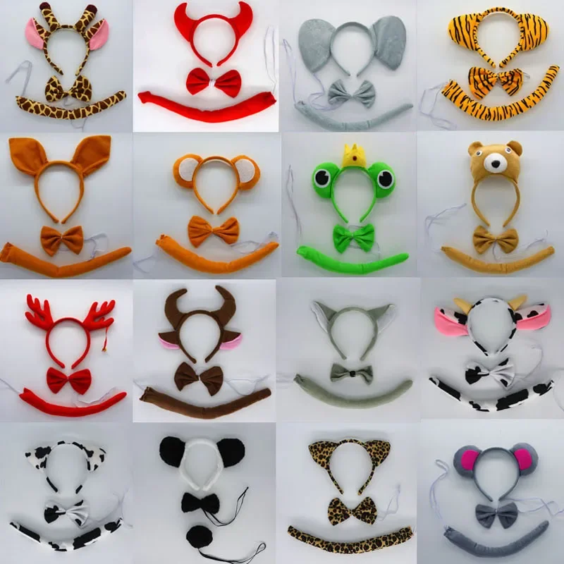 Cartoon Animals Ear Headband Tie Tail Props For Birthday Party Gift Children Cosplay Halloween Frog Lion Cow Milk Wedding Festival cartoon ornaments,party toys