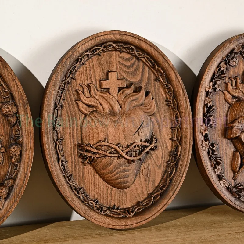 Holy Family Three Hearts Wall Decoration, Wood Carving, Sacred Heart of Jesus, Sacred Heart of Mary, Joseph
