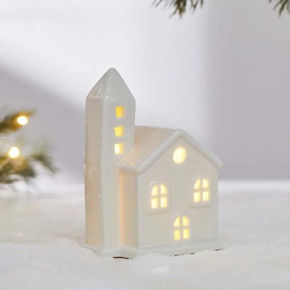 Keramik-Porzellan-Lampe mit Knopfbatterien, LED-Weihnachtsbeleuchtung mit Sternen-Glüh-Effekt, Hausförmige Nachtlampe – Detail 6