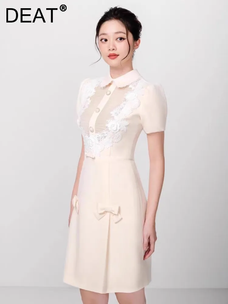 

DEAT Women's Fashion Evening Dress Lapel Short Sleeve Sing Breasted Patchwork Lace Flower Waist Dresses Summer 2023 New 13DB2490