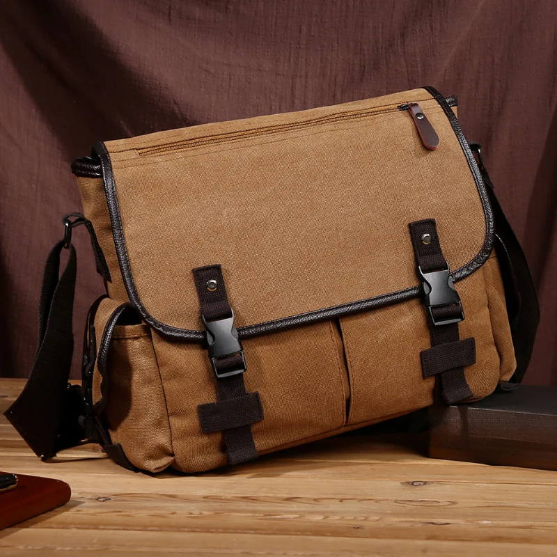 Retro style canvas crossbody bag, large capacity shoulder bag, multi pocket mailman bag, briefcase