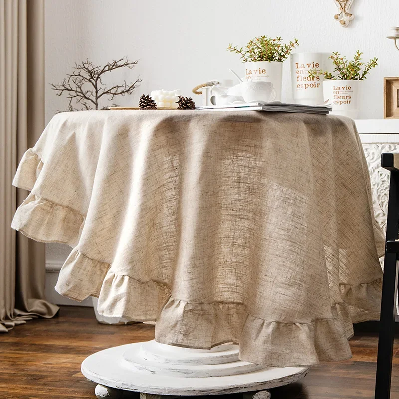 

French Romantic Simple Ruffle Tablecloth Cotton Linen Table Cover American Round Tea Table Literary Retro Party Decoration