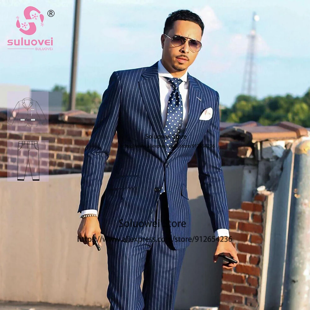 Fashion Wedding Striped Suits For Men Slim Fit 2 Piece Pants Set Formal Groom Tuxedos Business Blazer Costume Homme Pour Mariage