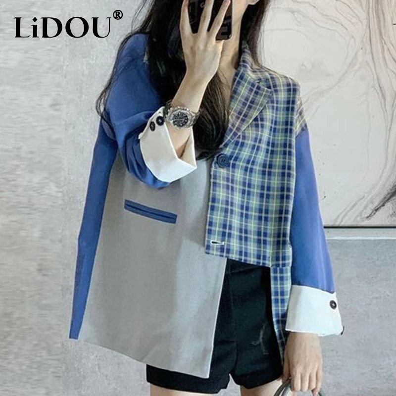 

Spring Autumn Vintage Plaid Patchwork Slim Irregular Blazer Women Street Hipster All-match Loose Casual Suit Lady Cardigan Coat