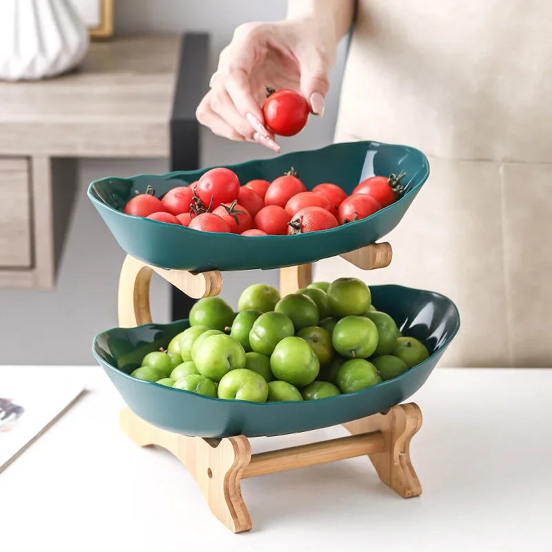 Three-Tier Wooden Tabletop Fruit and Snack Stand with Partitioned Plates
